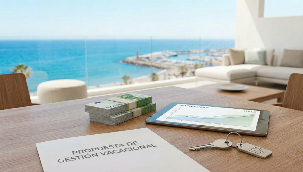 Mesa en balcón con vistas al mar en Torremolinos mostrando fajos de billetes, una tablet con gráfica de rentabilidad de alquiler vacacional, llaves y una carpeta de propuesta de gestión.